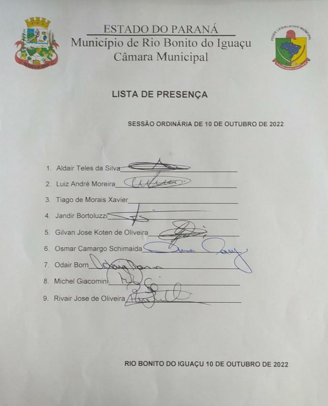 Lista de Presença dos vereadores dia 10 de outubro 2022
